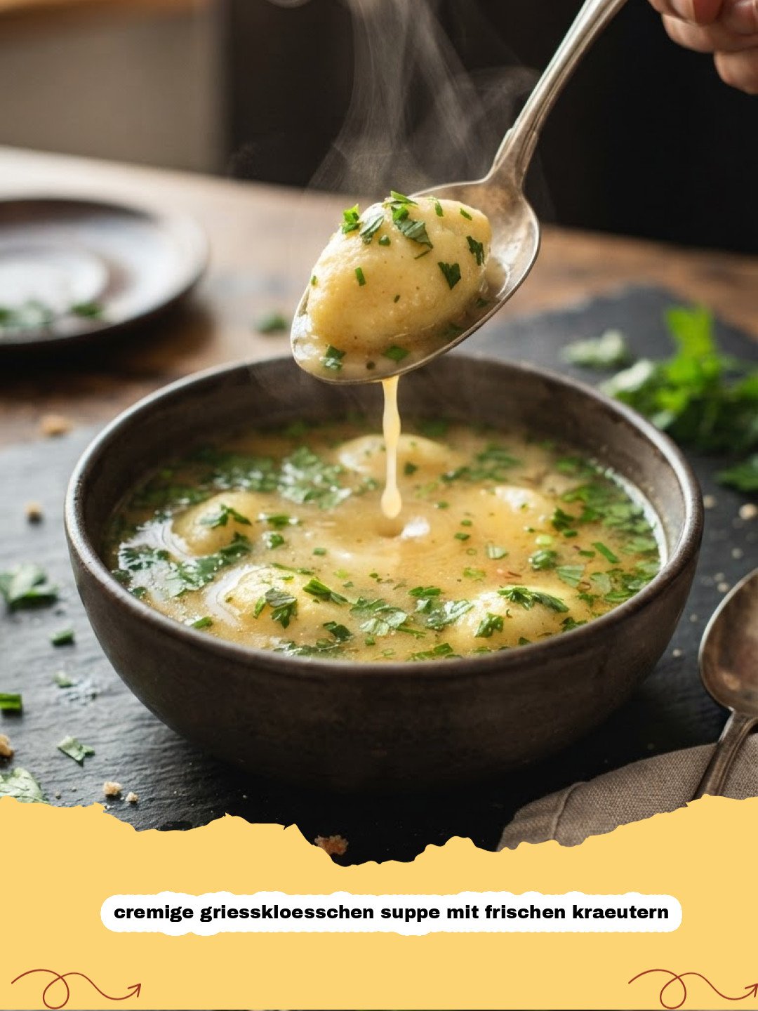 cremige griesskloesschen suppe mit frischen kraeutern - Eine dampfende Schüssel cremige Grießklößchensuppe mit frischen Kräutern, appetitlich angerichtet