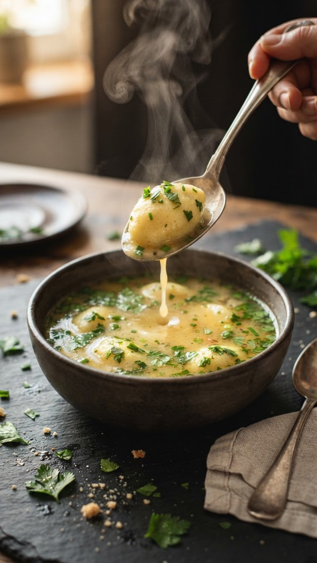 Cremige Grießklößchensuppe mit frischen Kräutern Preparation