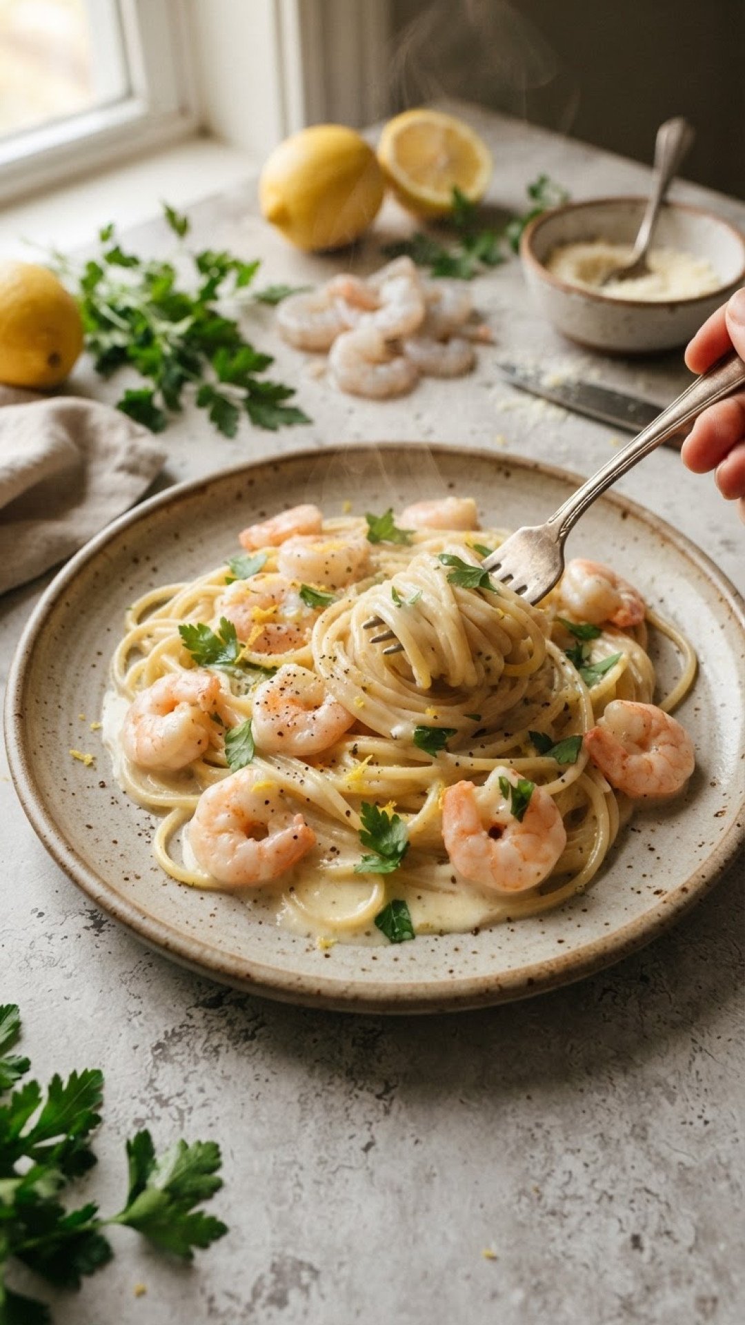 Cremige Pasta mit Garnelen, Zitrone und Petersilie Preparation