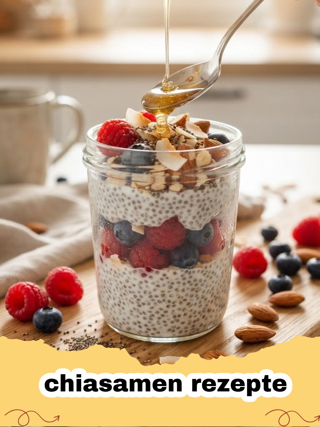 chiasamen rezepte - Cremiger Chia-Pudding mit frischen Beeren und Mandeln in einem Glas