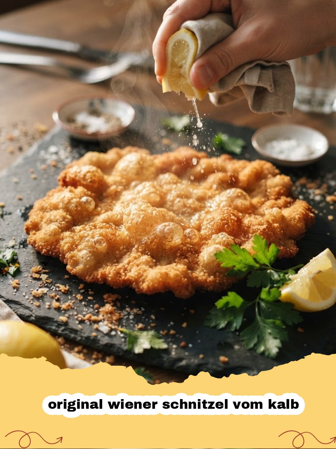 original wiener schnitzel vom kalb - Ein perfekt goldbraunes Original Wiener Schnitzel vom Kalb, mit Zitronenspalte und Preiselbeeren, auf einem Teller angerichtet.