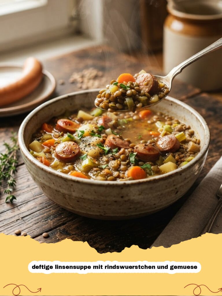 deftige linsensuppe mit rindswuerstchen und gemuese - Dampfende Schüssel deftige Linsensuppe mit Rindswürstchen und frischem Gemüse, garniert mit Petersilie
