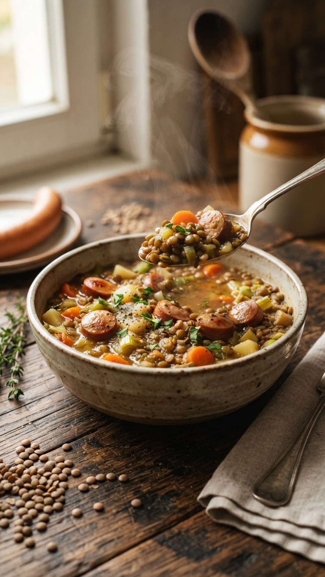 Deftige Linsensuppe mit Rindswürstchen und Gemüse Preparation