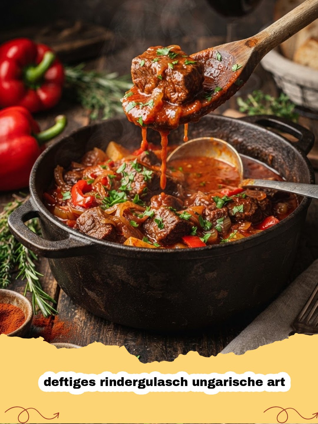 deftiges rindergulasch ungarische art - Ein dampfender Topf mit deftigem Rindergulasch ungarischer Art, garniert mit frischer Petersilie, daneben Brot und Sauerrahm.