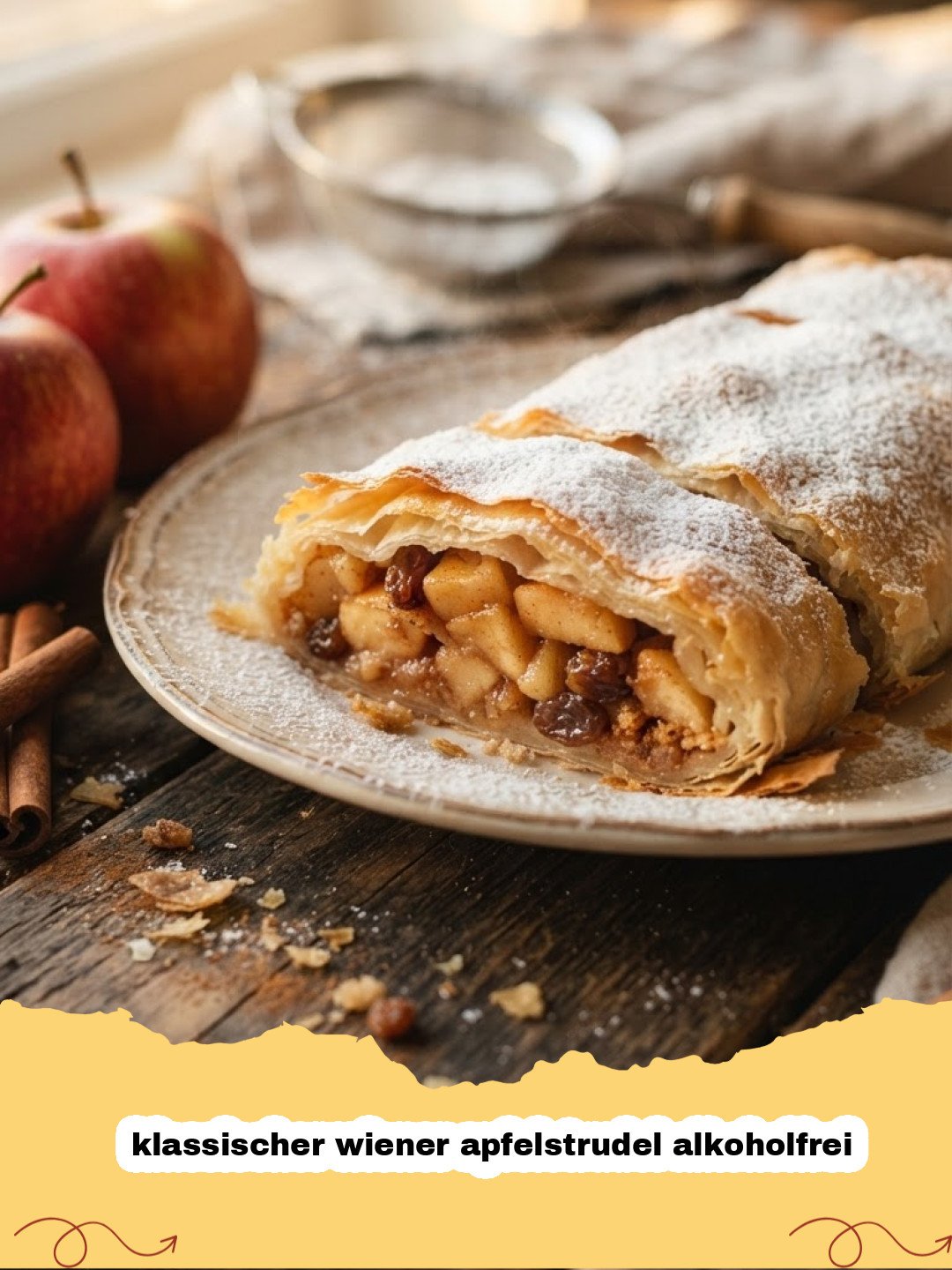 klassischer wiener apfelstrudel alkoholfrei - Knuspriger, goldbrauner klassischer Wiener Apfelstrudel, mit Puderzucker bestäubt und einer Kugel Vanilleeis daneben.