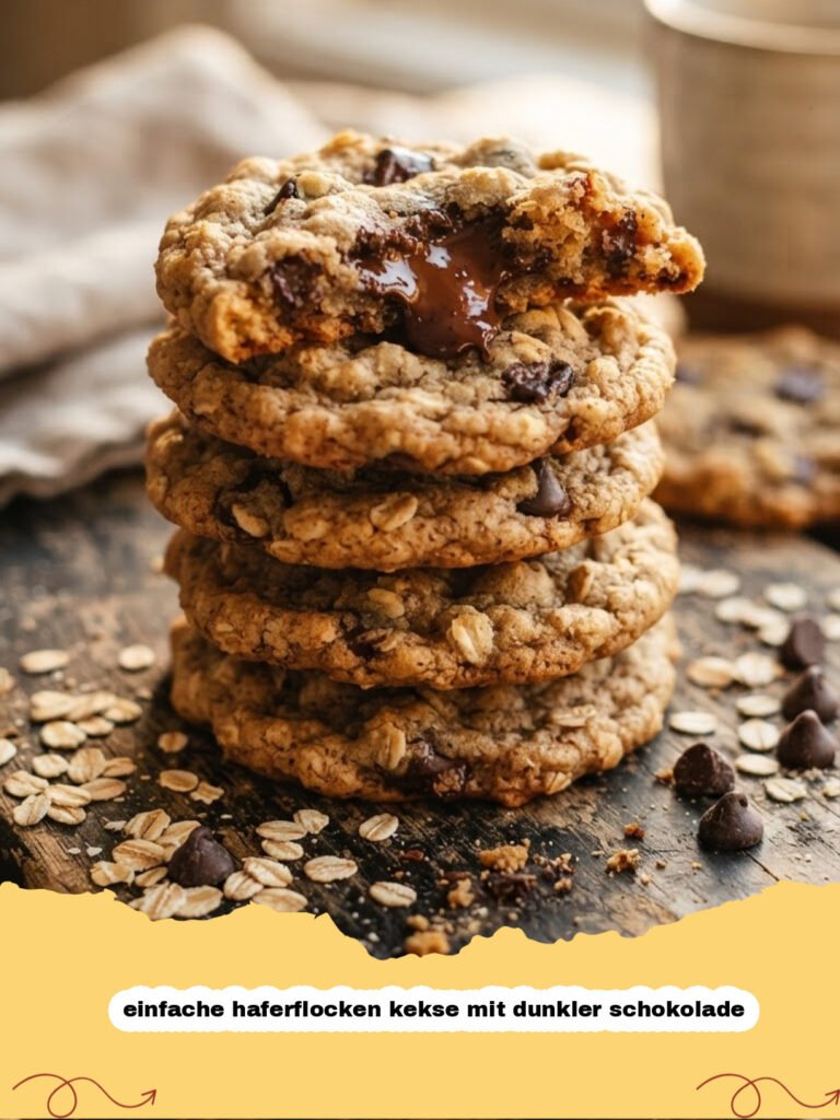 einfache haferflocken kekse mit dunkler schokolade - Ein Stapel einfacher Haferflocken Kekse mit dunkler Schokolade auf einem Holzbrett, einige Schokoladenstückchen liegen daneben.