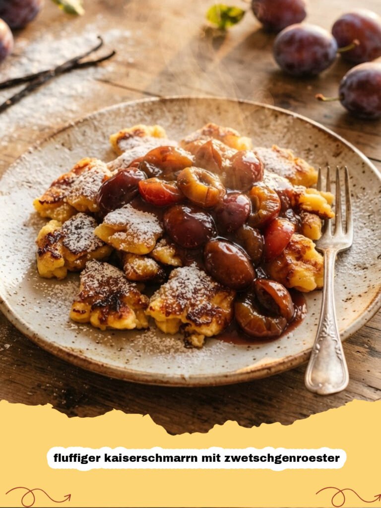 fluffiger kaiserschmarrn mit zwetschgenroester - Ein Teller mit fluffigem Kaiserschmarrn, bestäubt mit Puderzucker, dazu eine Schale mit warmem Zwetschgenröster und eine Zimtstange als Dekoration.