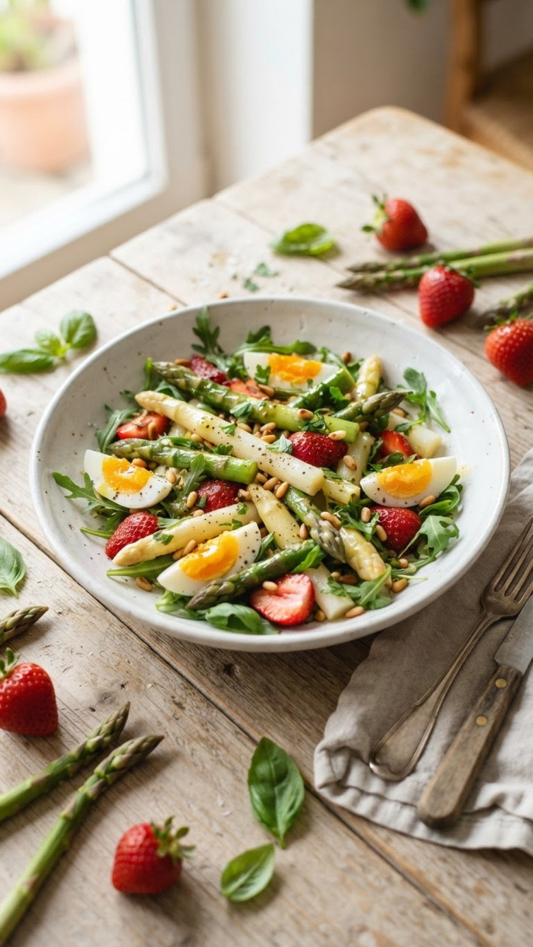 Frischer Spargelsalat mit Erdbeeren und Ei Preparation