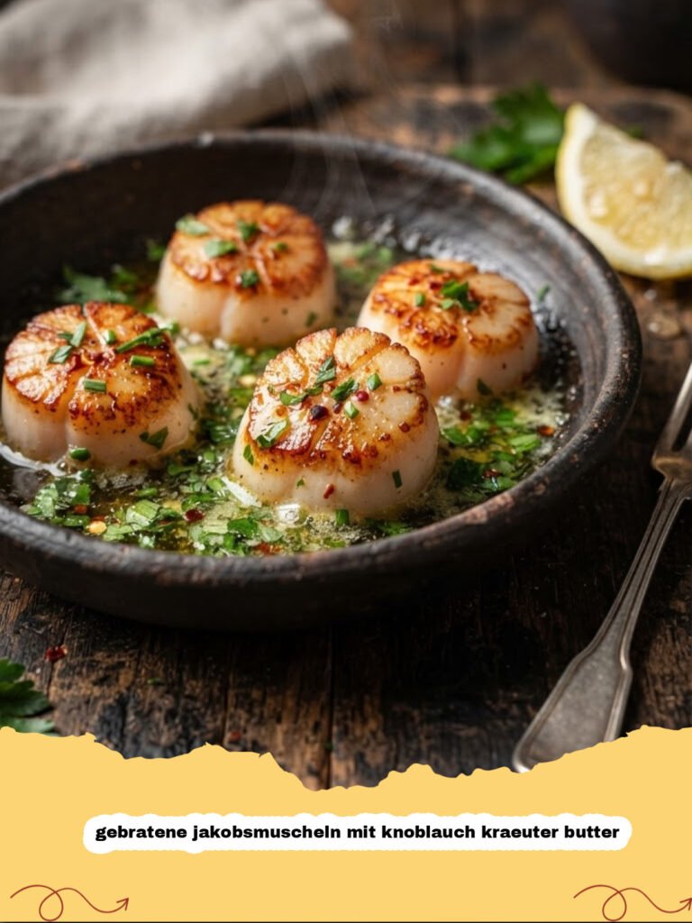 gebratene jakobsmuscheln mit knoblauch kraeuter butter - Zart gebratene Jakobsmuscheln mit goldbrauner Kruste, übergossen mit duftender Knoblauch-Kräuter-Butter und frischen Kräutern, auf einem eleganten Teller angerichtet.