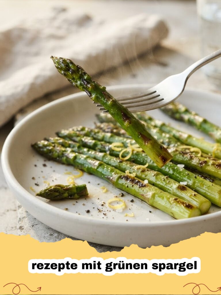 rezepte mit grünen spargel - Gebratener grüner Spargel mit Knoblauch und Zitrone auf einem Teller, garniert mit frischen Kräutern.