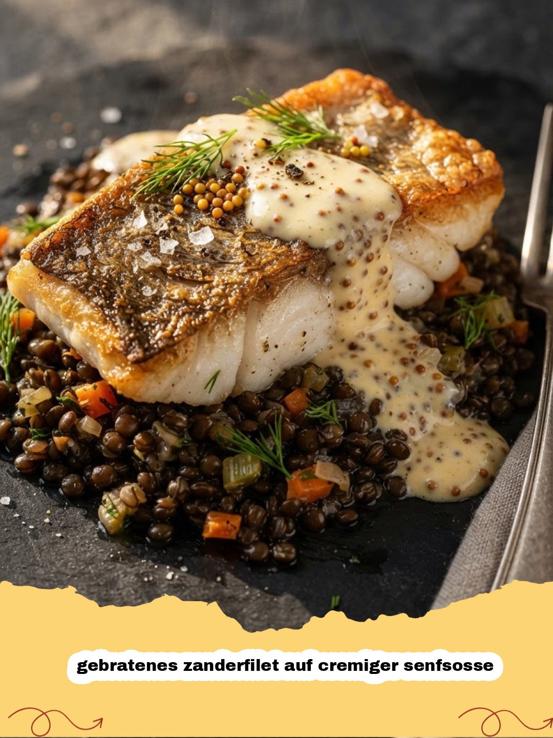gebratenes zanderfilet auf cremiger senfsosse - Ein appetitlich angerichtetes gebratenes Zanderfilet auf cremiger Senfsosse mit frischen Kräutern und Beilagen