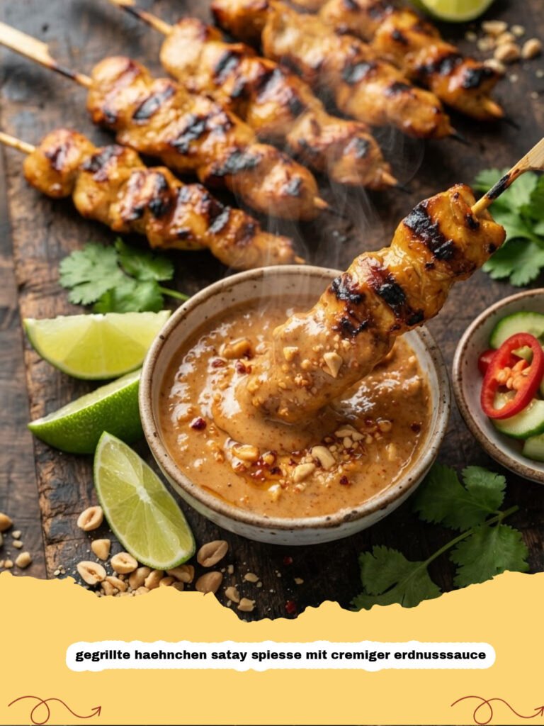 gegrillte haehnchen satay spiesse mit cremiger erdnusssauce - Goldbraun gegrillte Hähnchen Satay Spieße mit cremiger Erdnusssauce in einer kleinen Schale und frischem Koriander