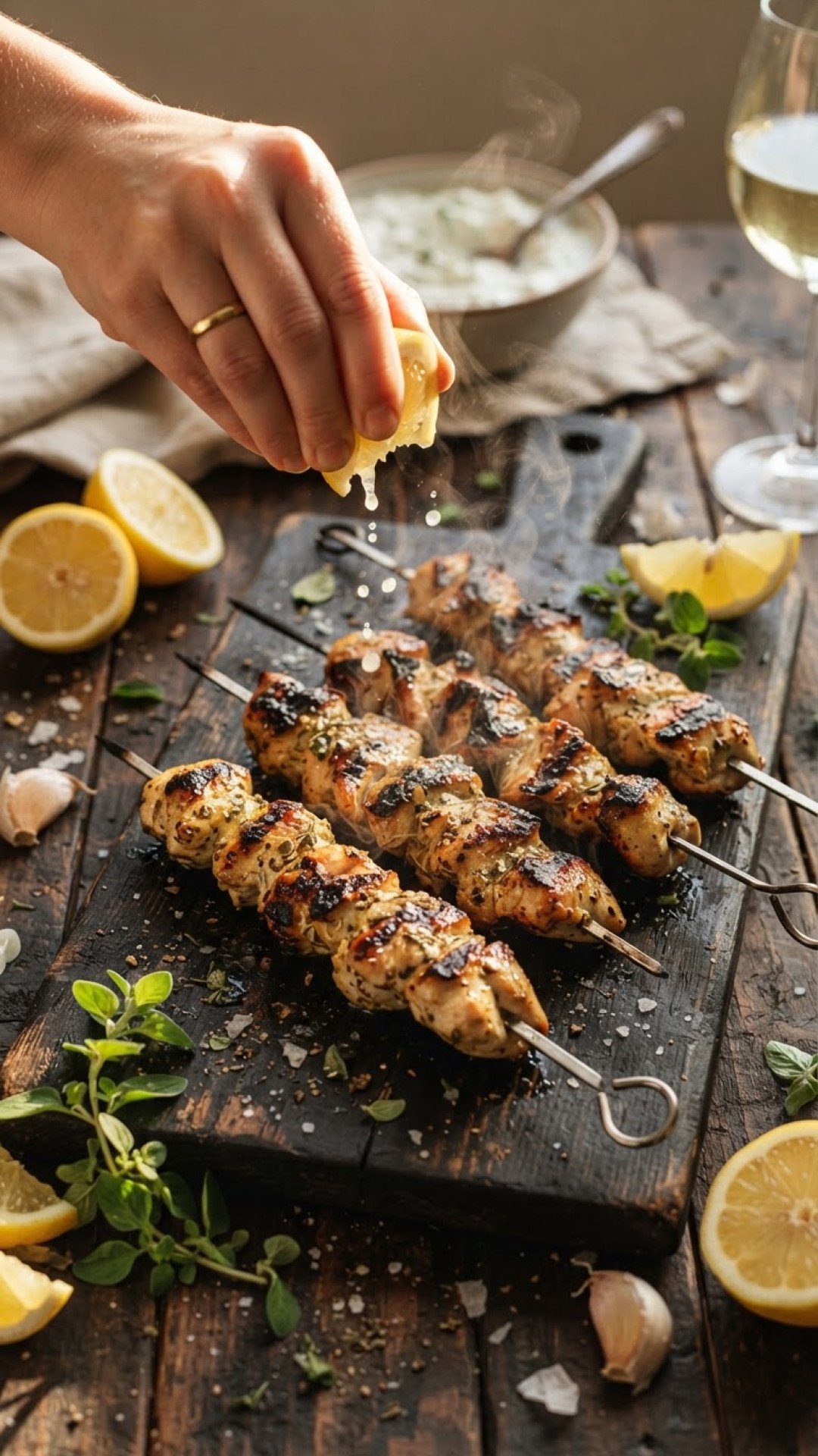 Gegrillte Hähnchenspieße Souvlaki-Art mit Zitrone und Oregano Preparation