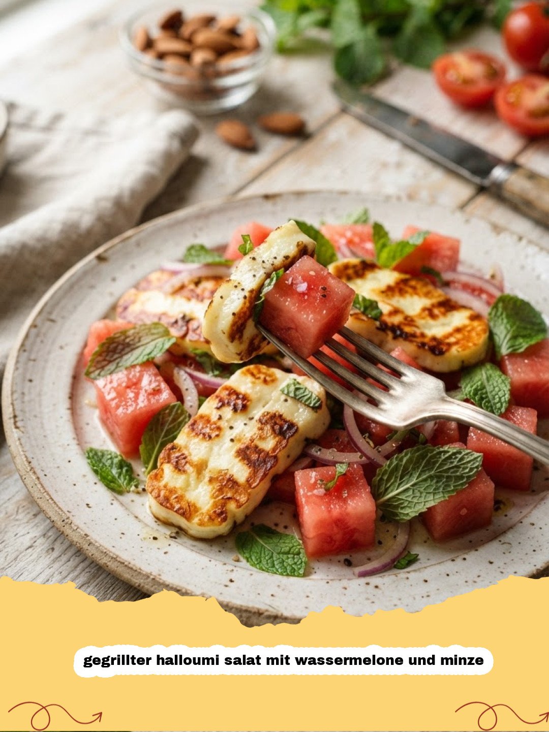 gegrillter halloumi salat mit wassermelone und minze - Vorderansicht eines lebhaften gegrillten Halloumi Salats mit Wassermelone, Minze und Rucola auf einem weissen Teller, angerichtet mit frischen Zutaten.