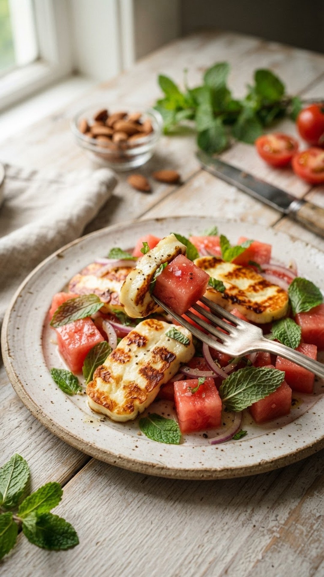 Gegrillter Halloumi Salat mit Wassermelone und Minze Preparation