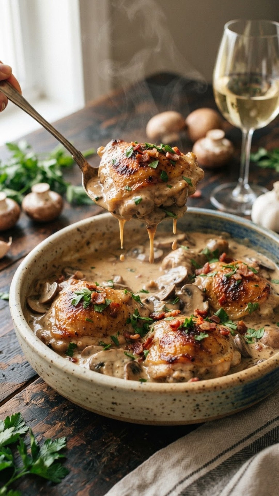 Geschmortes Hähnchen in cremiger Champignon-Soße (Coq au Vin Blanc Stil) Preparation