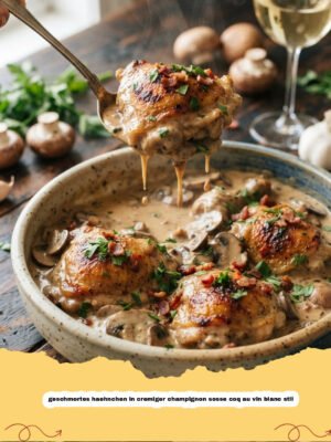 Ein Stück Frankreich auf dem Teller: Mein unvergessliches geschmortes Hähnchen in cremiger Champignon-Soße im Coq au Vin Blanc Stil