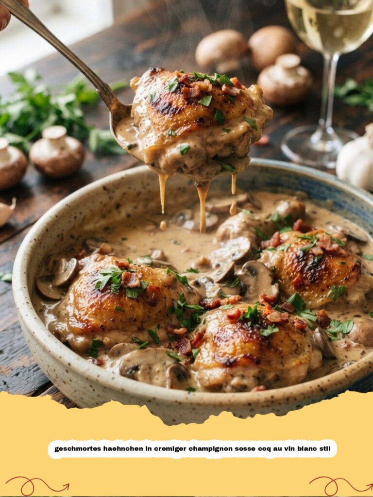 geschmortes haehnchen in cremiger champignon sosse coq au vin blanc stil - Geschmortes Hähnchen in cremiger Champignon-Soße im Coq au Vin Blanc Stil, serviert mit frischer Petersilie.