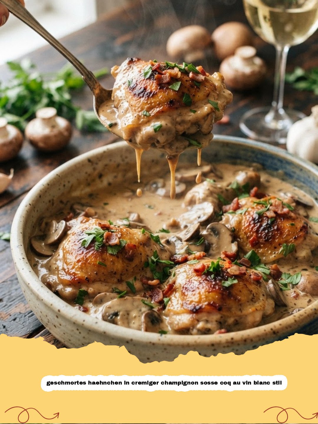 geschmortes haehnchen in cremiger champignon sosse coq au vin blanc stil - Geschmortes Hähnchen in cremiger Champignon-Soße im Coq au Vin Blanc Stil, serviert mit frischer Petersilie.