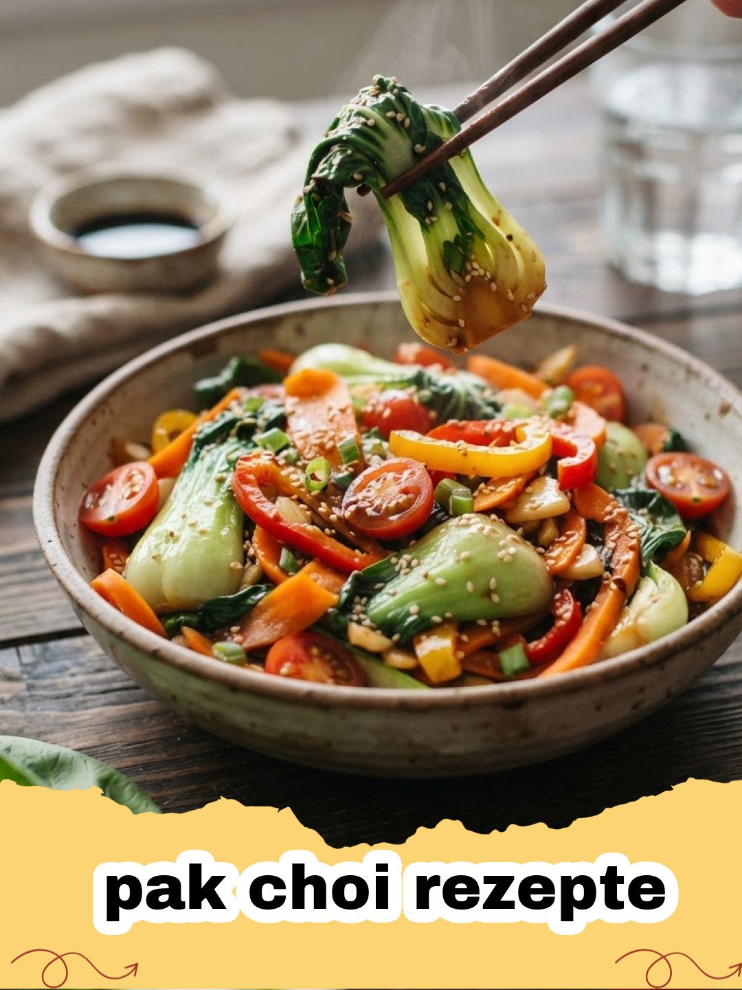 pak choi rezepte - Leuchtend grüne Pak Choi Pfanne mit Hähnchenstreifen, Ingwer und Sesam in einem Wok angerichtet.
