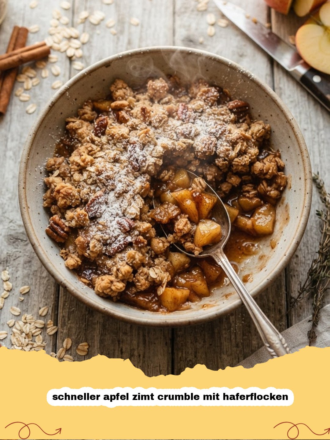 schneller apfel zimt crumble mit haferflocken - Ein goldbrauner schneller Apfel-Zimt-Crumble mit knusprigen Haferflockenstreuseln in einer Auflaufform, mit einem Löffel Vanilleeis daneben.