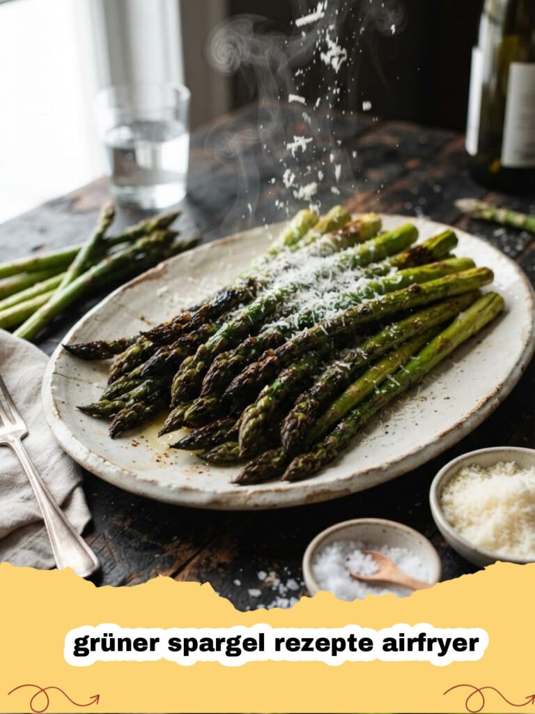 grüner spargel rezepte airfryer - Knuspriger grüner Spargel aus dem Airfryer auf einem Teller, perfekt gebraten und leicht gewürzt.