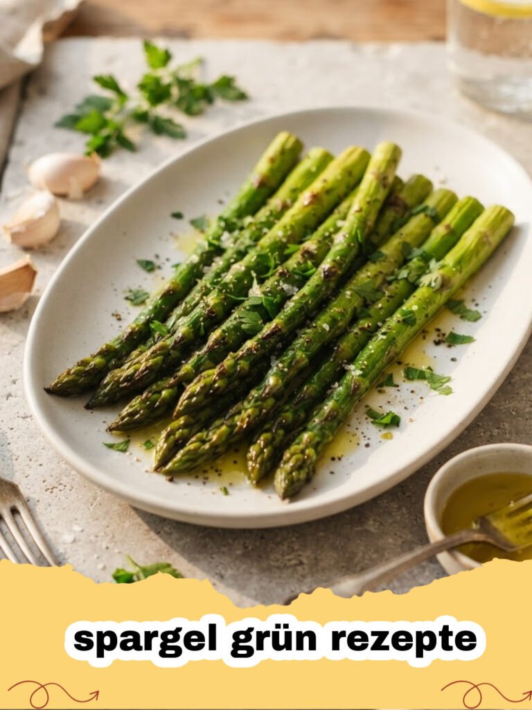 spargel grün rezepte - Grüner Spargel aus dem Ofen mit Parmesan und Kräutern auf einem Teller