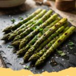 rezepte für grünen spargel - Frisch gebackener grüner Spargel umwickelt mit knusprigem Prosciutto auf einem Teller mit Zitronenscheiben.