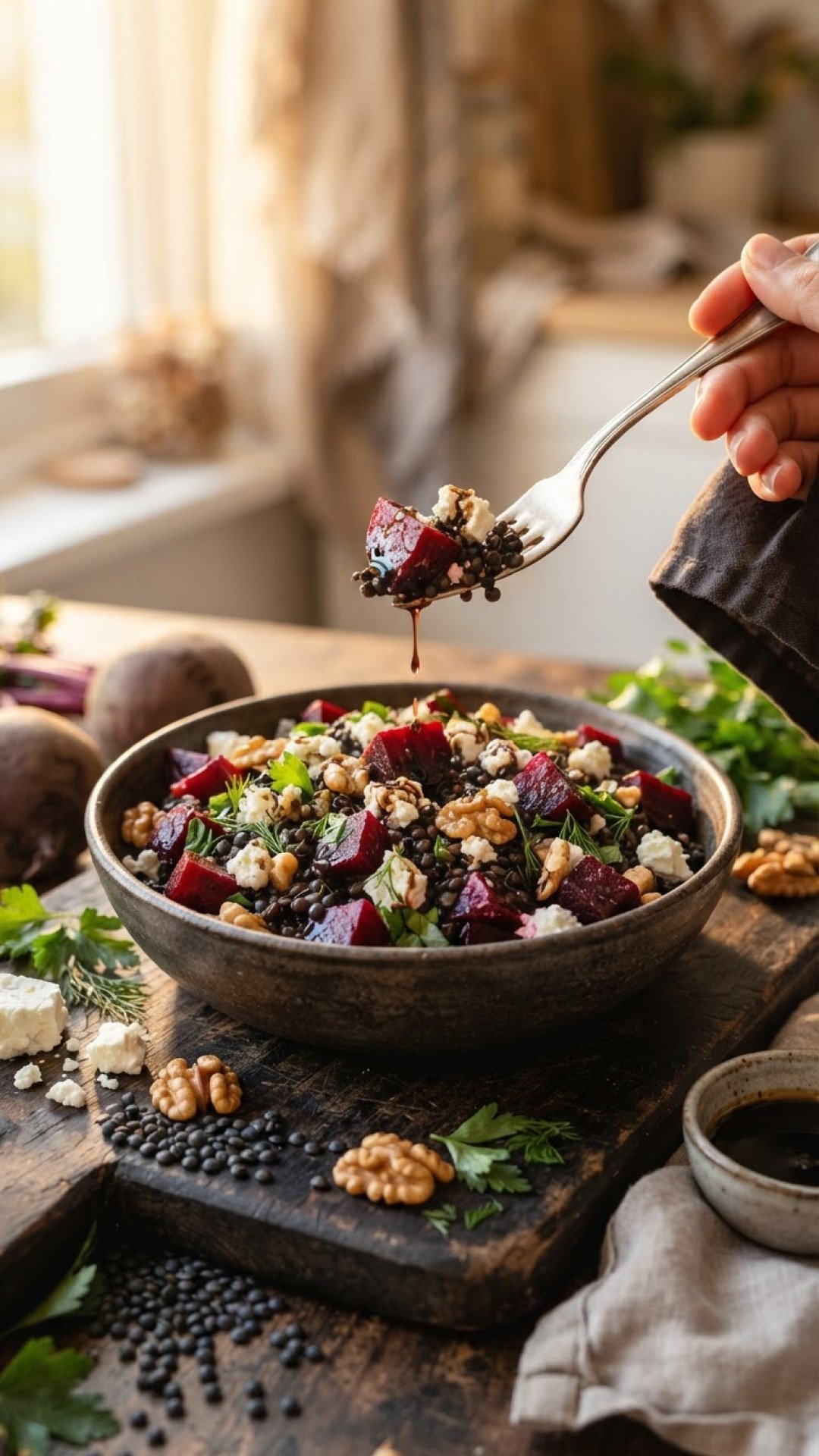 Herbstlicher Rote Bete Linsensalat mit Feta Preparation