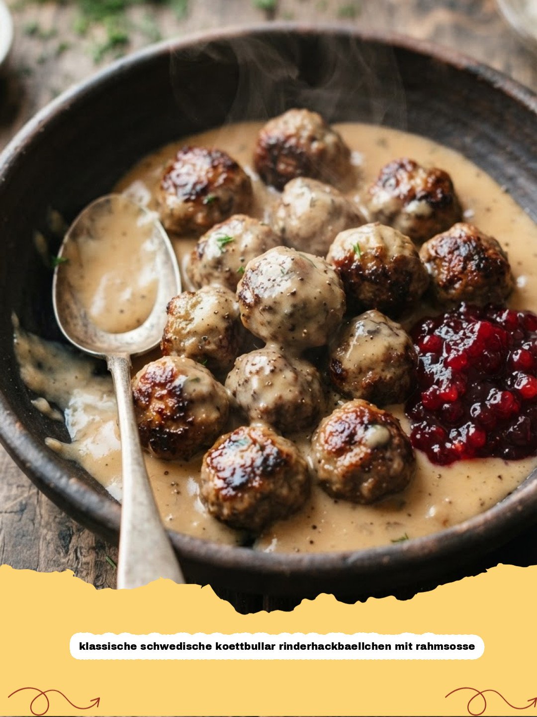 klassische schwedische koettbullar rinderhackbaellchen mit rahmsosse - Ein Teller mit klassischen schwedischen Köttbullar Rinderhackbällchen in Rahmsauce, garniert mit Petersilie und begleitet von Kartoffelbrei und Preiselbeeren.