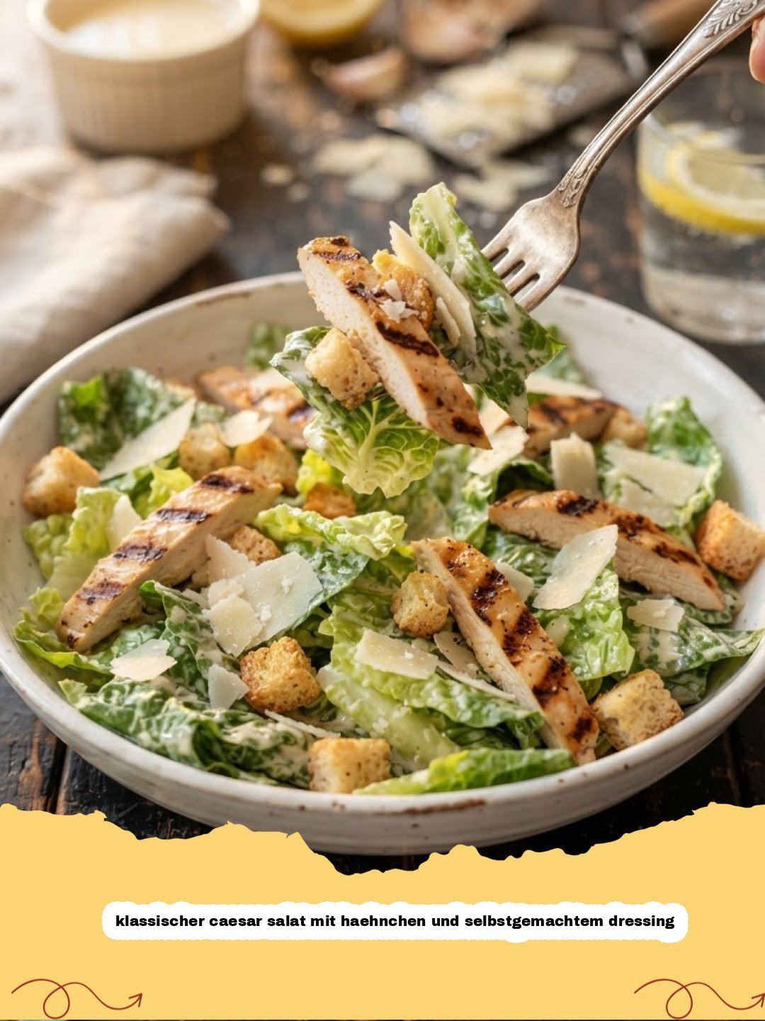 klassischer caesar salat mit haehnchen und selbstgemachtem dressing - Ein appetitlicher Klassischer Caesar Salat mit goldbraunem Hähnchen und Croutons auf einem weißen Teller, übergossen mit cremigem Dressing und bestreut mit Parmesan.