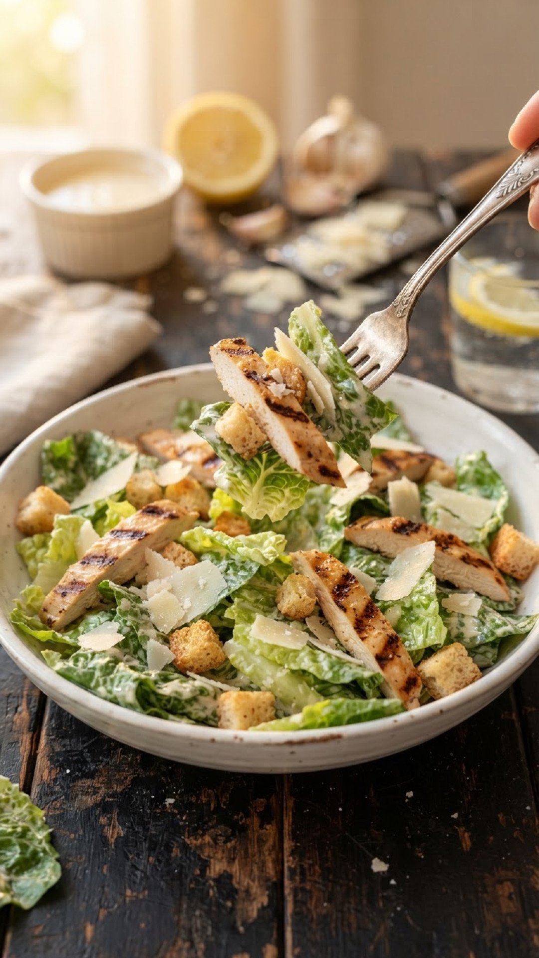 Klassischer Caesar Salat mit Hähnchen und selbstgemachtem Dressing Preparation