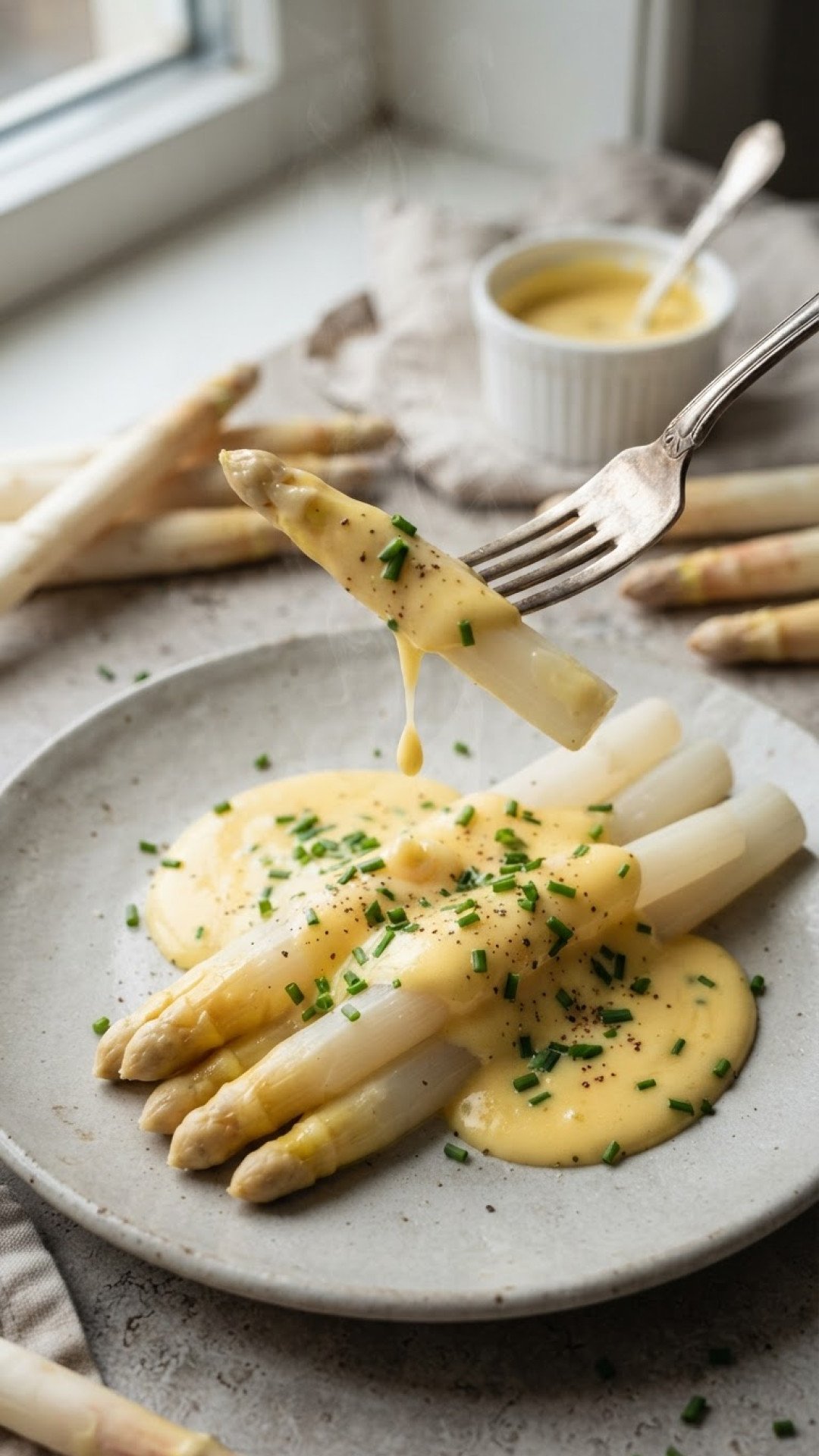 Klassischer Spargel mit Sauce Hollandaise, Kartoffeln und Schinken Preparation