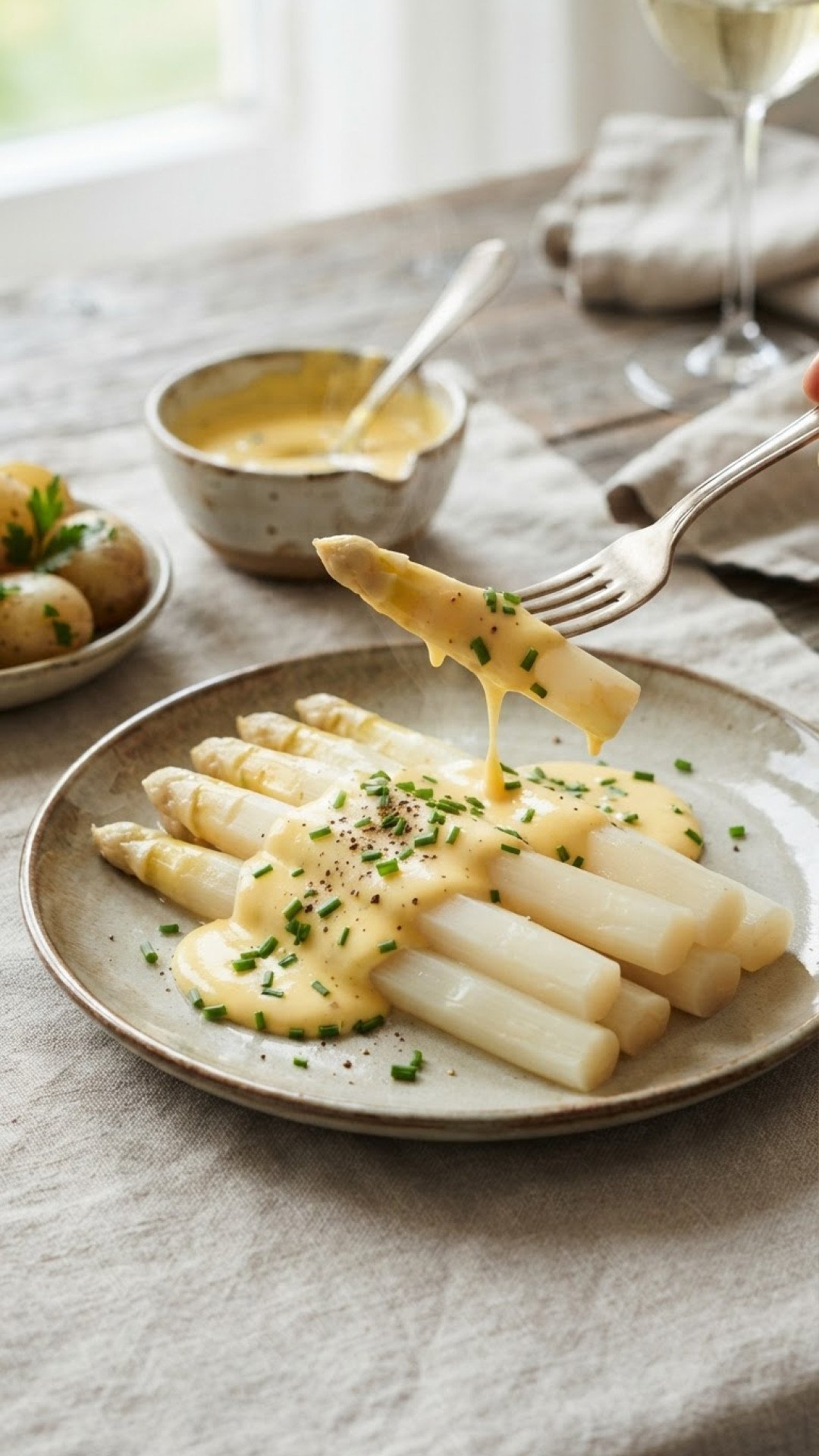 Klassischer Spargel mit Sauce Hollandaise, neuen Kartoffeln und Kochschinken Preparation