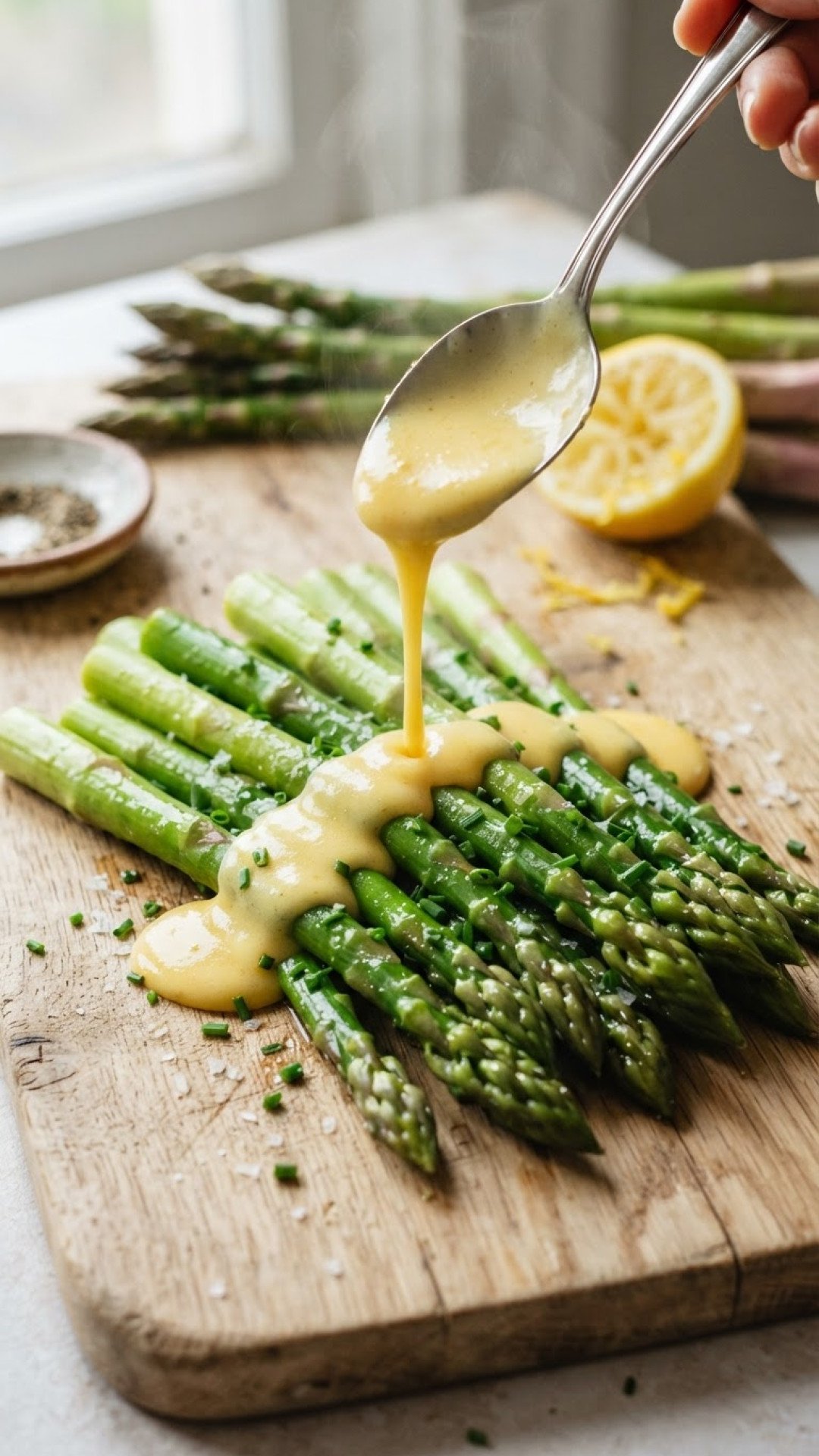 Klassischer weißer Spargel mit Sauce Hollandaise, Salzkartoffeln und Kochschinken Preparation