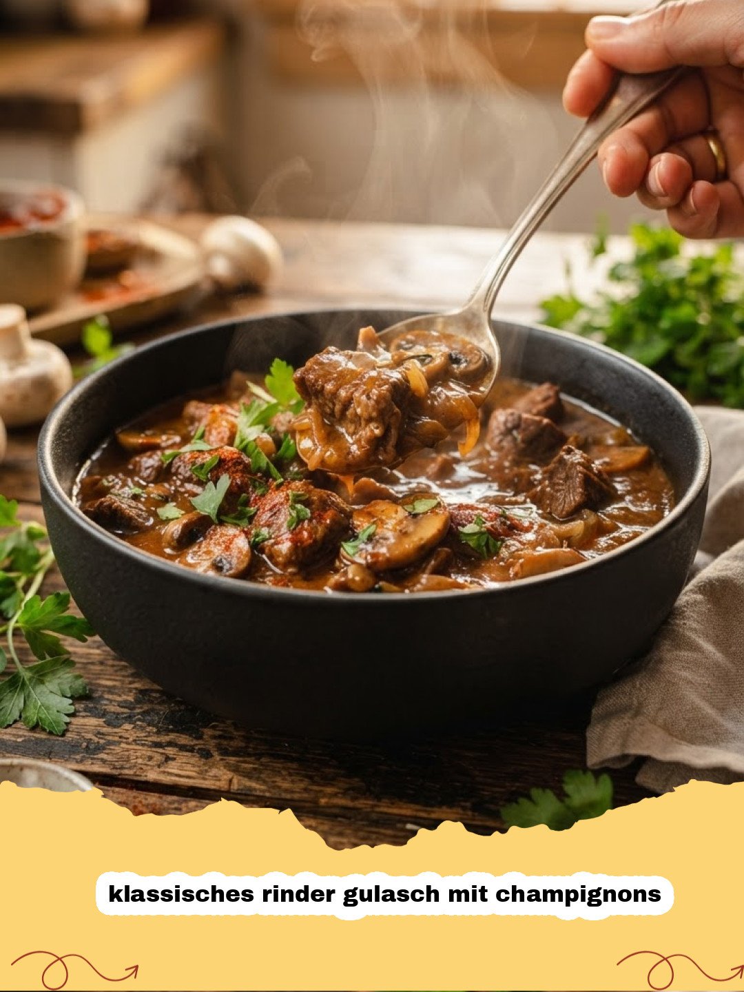klassisches rinder gulasch mit champignons - Ein dampfendes klassisches Rindergulasch mit Champignons in einem gusseisernen Topf, garniert mit frischer Petersilie, serviert mit Spätzle.