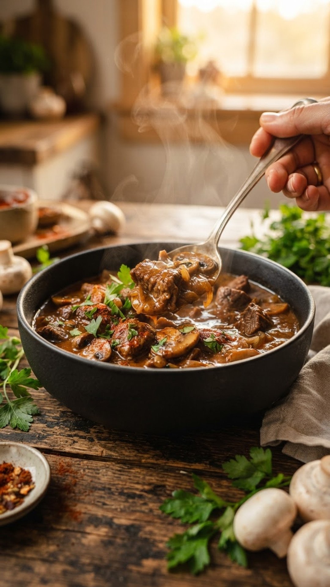 Klassisches Rindergulasch mit Champignons Preparation