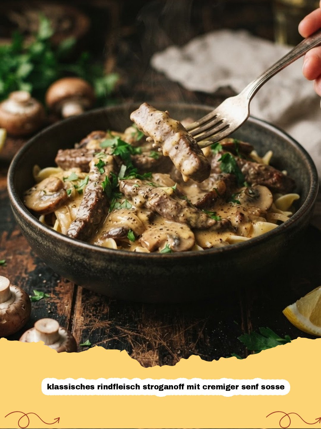 klassisches rindfleisch stroganoff mit cremiger senf sosse - Ein Teller mit cremigem Rindfleisch Stroganoff mit zartem Fleisch und Pilzen, garniert mit Petersilie, dazu gekochte Spätzle.