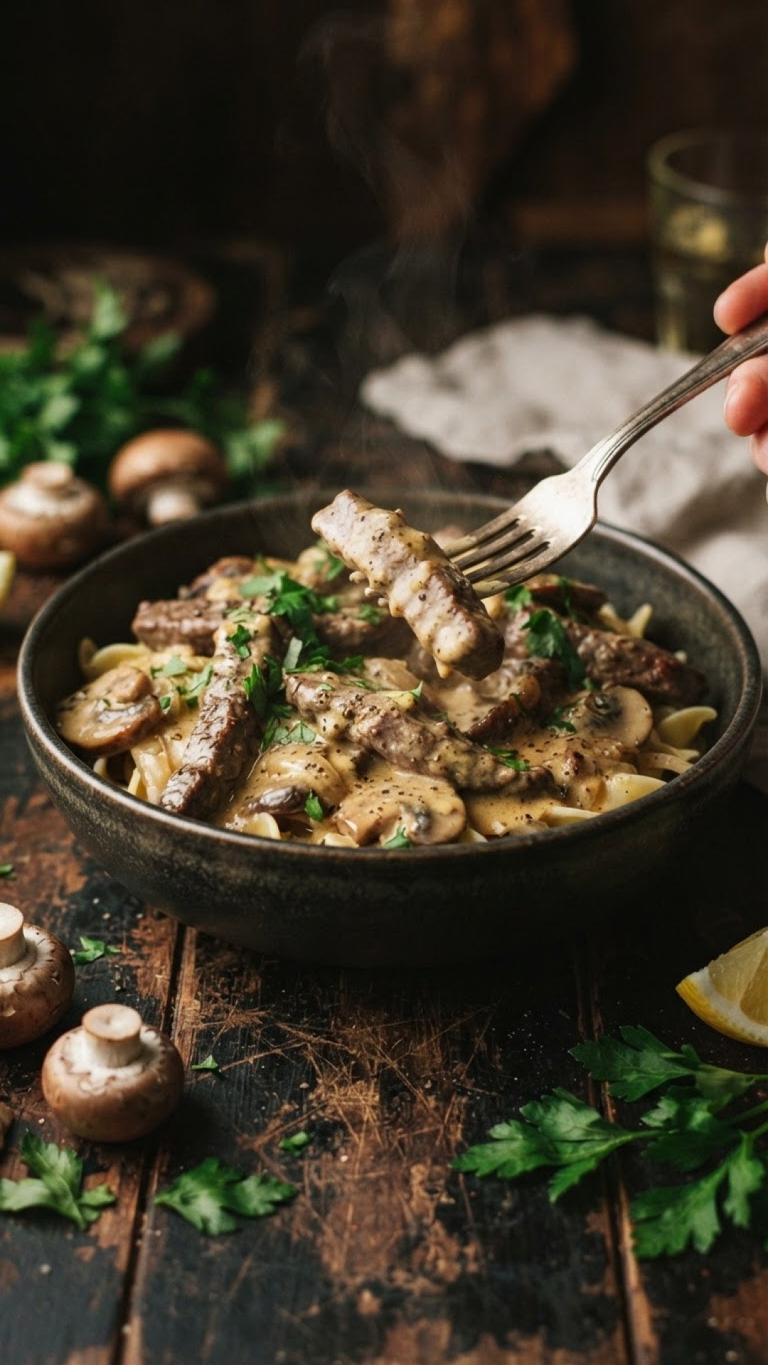 Klassisches Rindfleisch Stroganoff mit cremiger Senfsoße Preparation