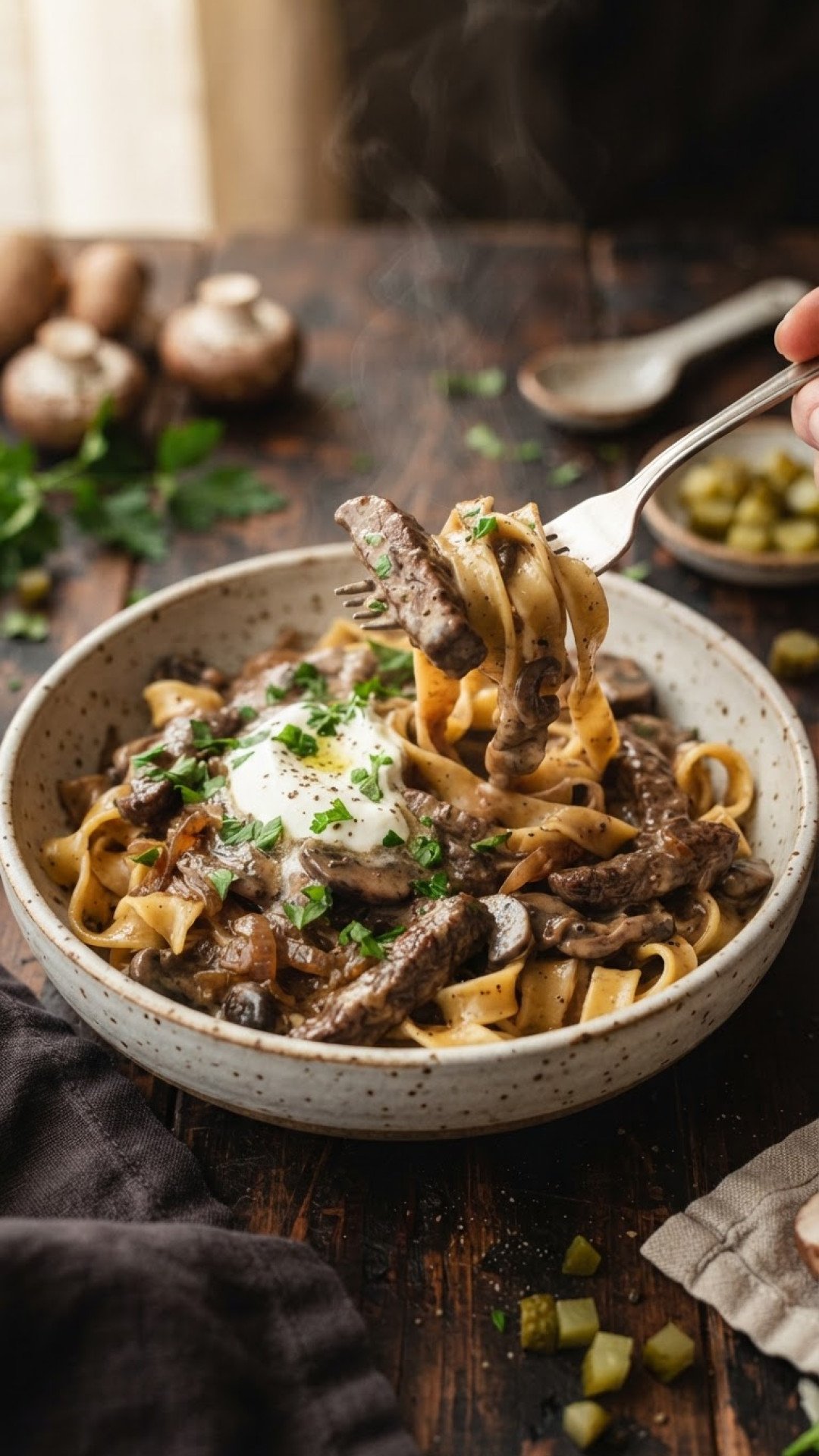 Klassisches Rindfleisch Stroganoff mit Cremiger Soße Preparation
