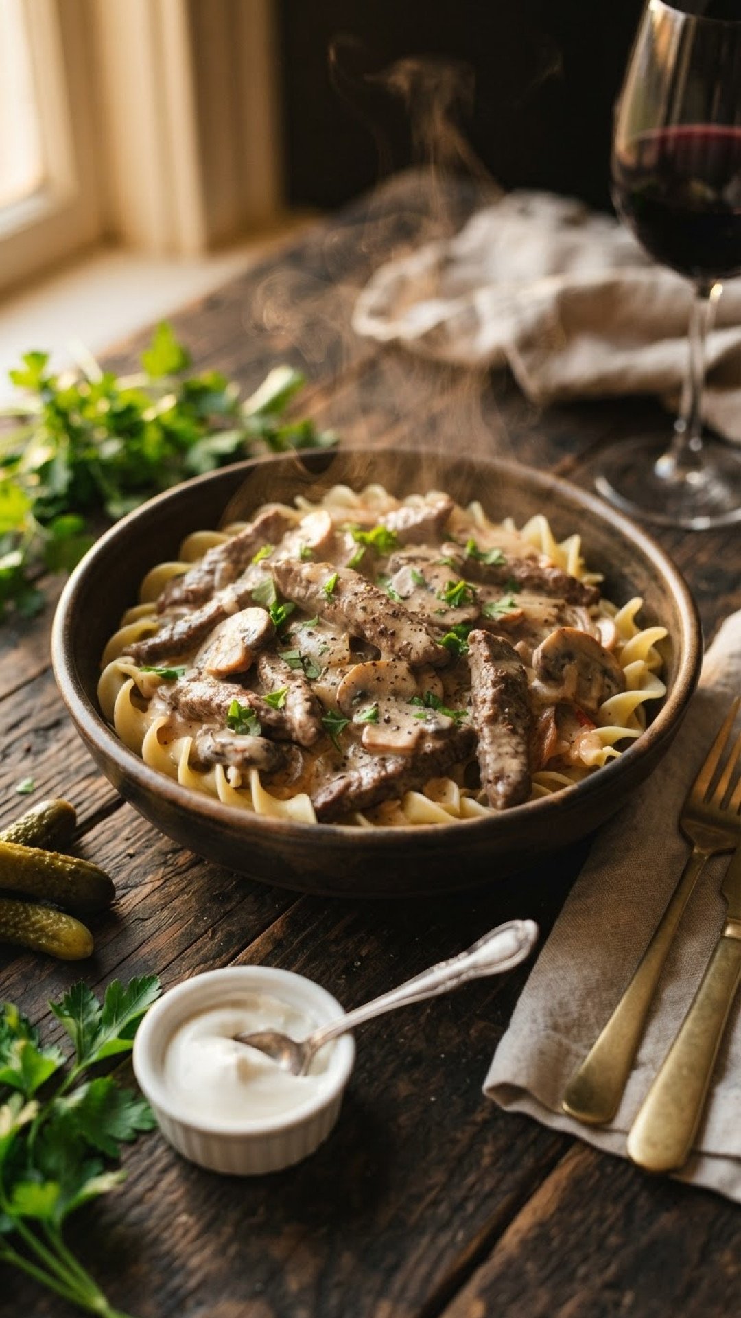 Klassisches Rindfleisch Stroganoff mit Sauerrahmsauce Preparation