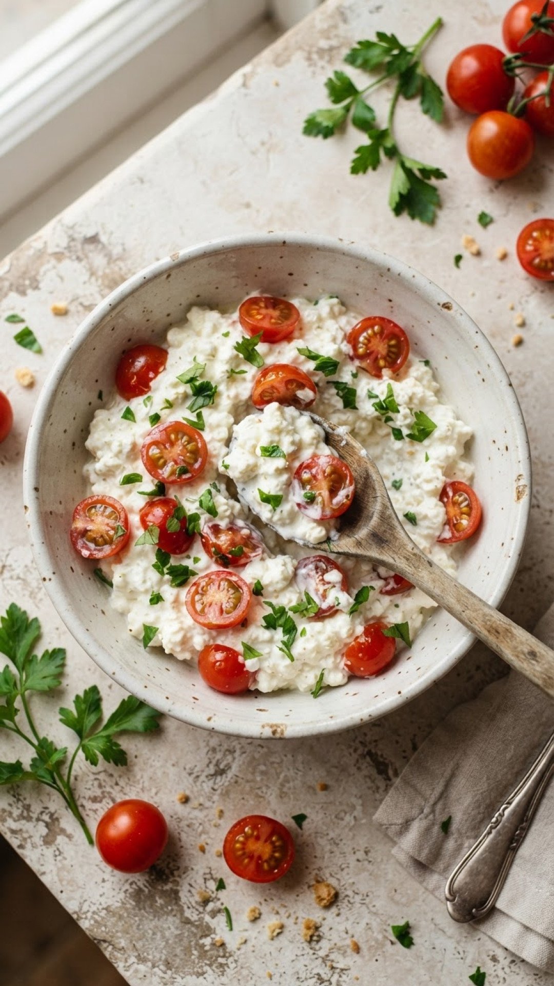 Körniger Frischkäse Bowl mit frischen Kräutern und knackigem Gemüse Preparation