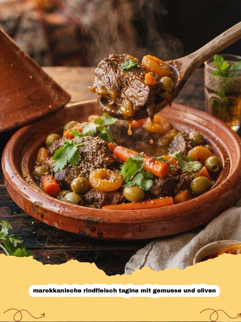 marokkanische rindfleisch tagine mit gemuese und oliven - Eine dampfende, reichhaltige marokkanische Rindfleisch Tagine mit Gemüse und Oliven in einem traditionellen Tontopf, garniert mit frischen Kräutern und daneben Couscous.