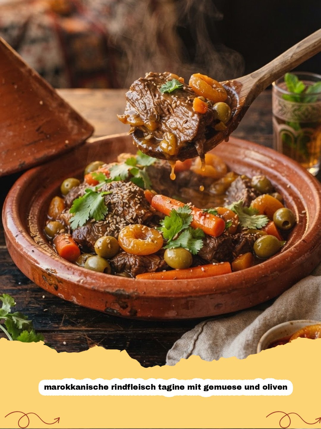 marokkanische rindfleisch tagine mit gemuese und oliven - Eine dampfende, reichhaltige marokkanische Rindfleisch Tagine mit Gemüse und Oliven in einem traditionellen Tontopf, garniert mit frischen Kräutern und daneben Couscous.