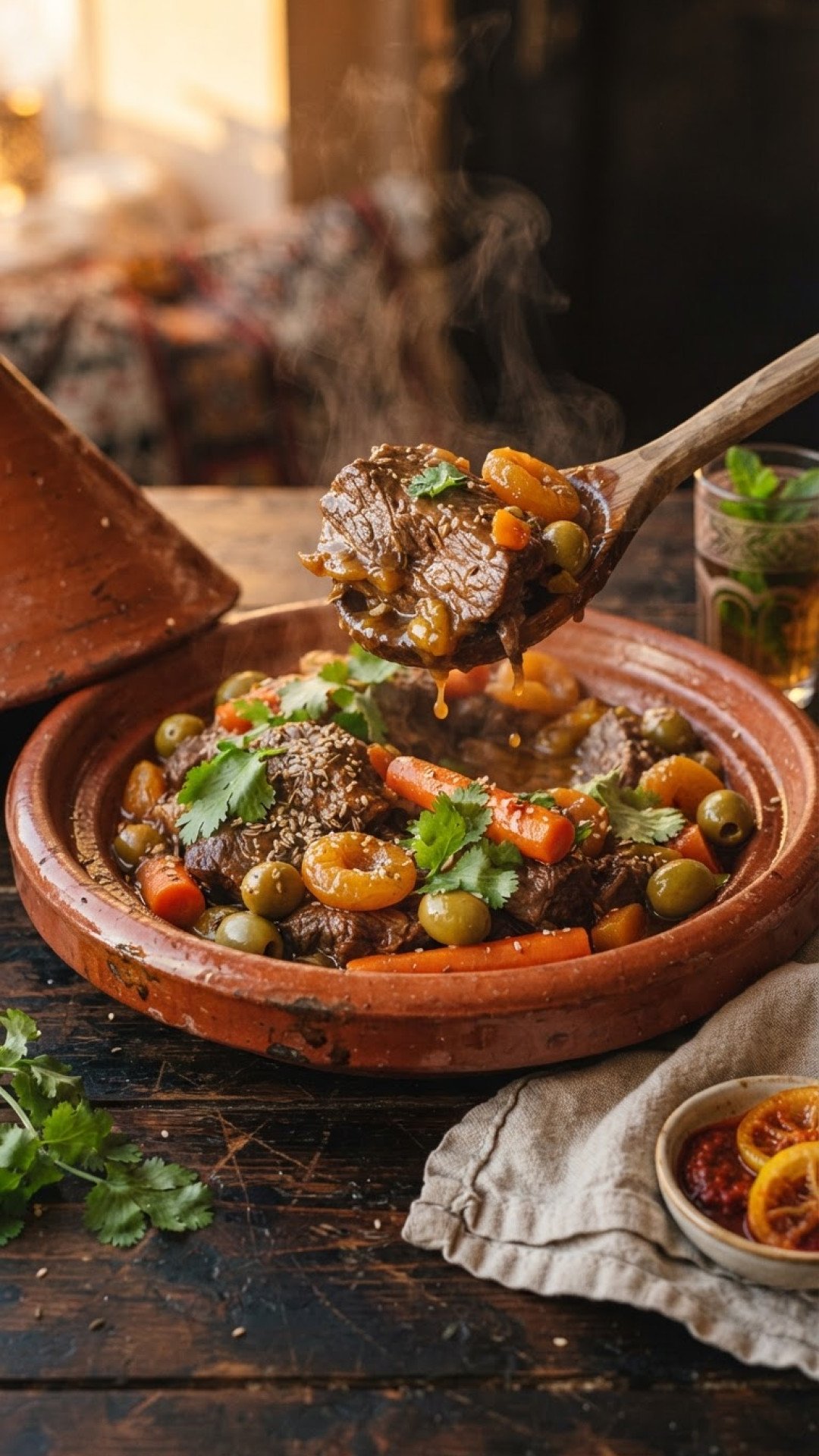 Marokkanische Rindfleisch Tagine mit Gemüse und Oliven Preparation