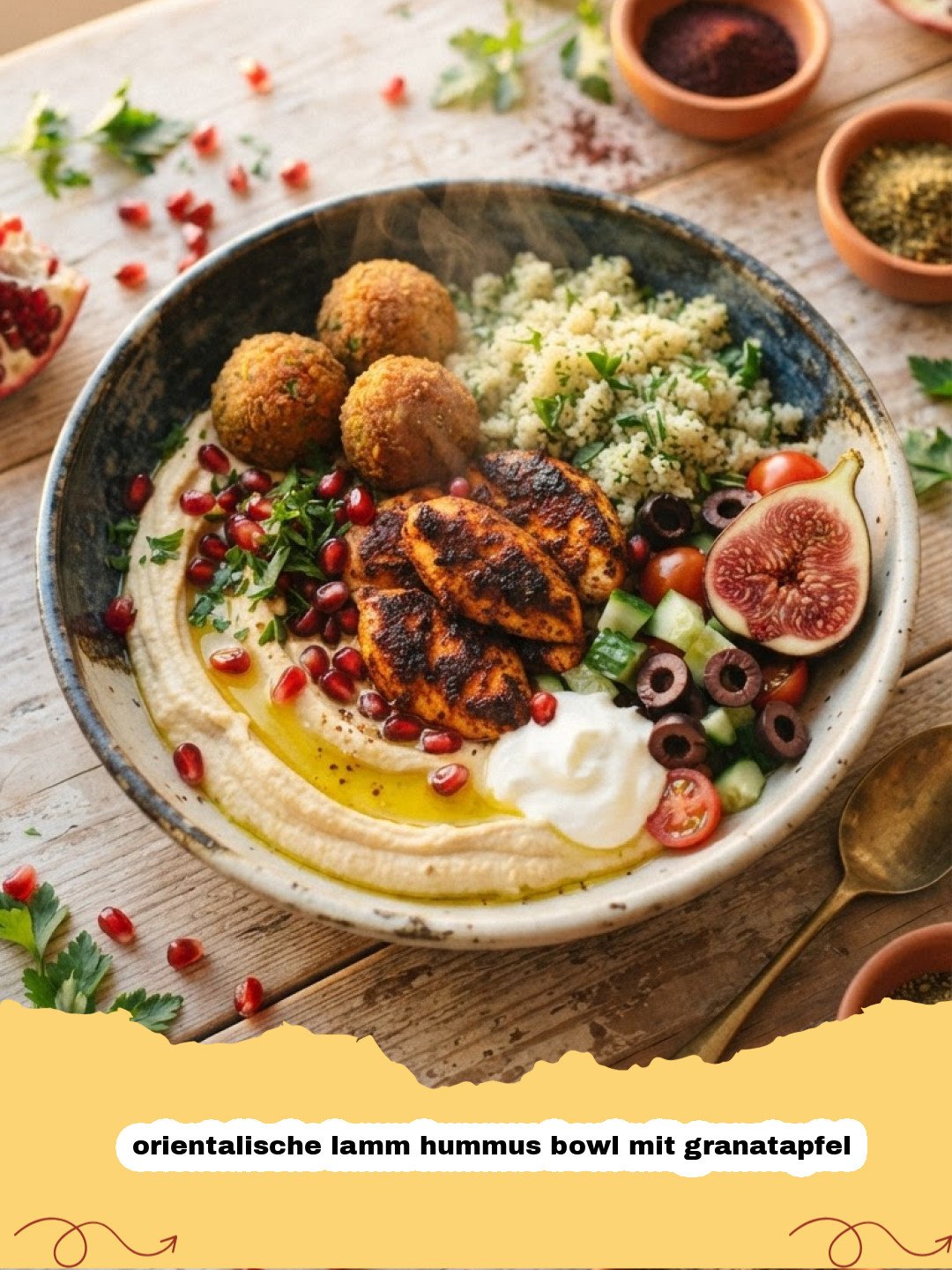 orientalische lamm hummus bowl mit granatapfel - Eine köstliche orientalische Lamm Hummus Bowl mit Granatapfel, frisch garniert und appetitlich angerichtet