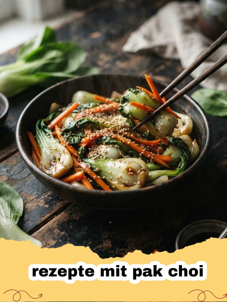rezepte mit pak choi - Würzig-scharfe Pak Choi Pfanne mit Tofu und Ingwer, serviert mit Reis und garniert mit Sesam und Frühlingszwiebeln.