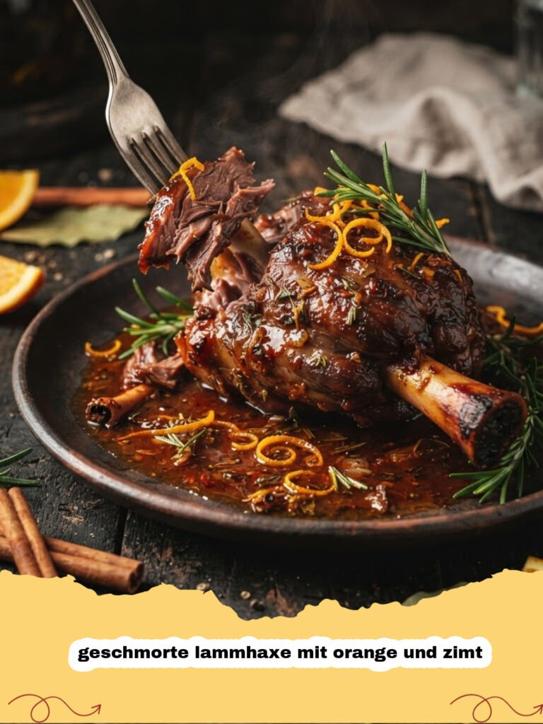 geschmorte lammhaxe mit orange und zimt - Geschmorte Lammhaxe mit Orange und Zimt auf einem Teller mit cremiger Polenta und frischem Rosmarin, reichhaltige Soße um das Fleisch.