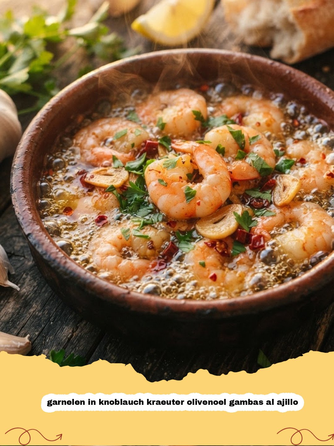 garnelen in knoblauch kraeuter olivenoel gambas al ajillo - Gambas al Ajillo in einem Tontopf mit Knoblauch, Petersilie und Brot