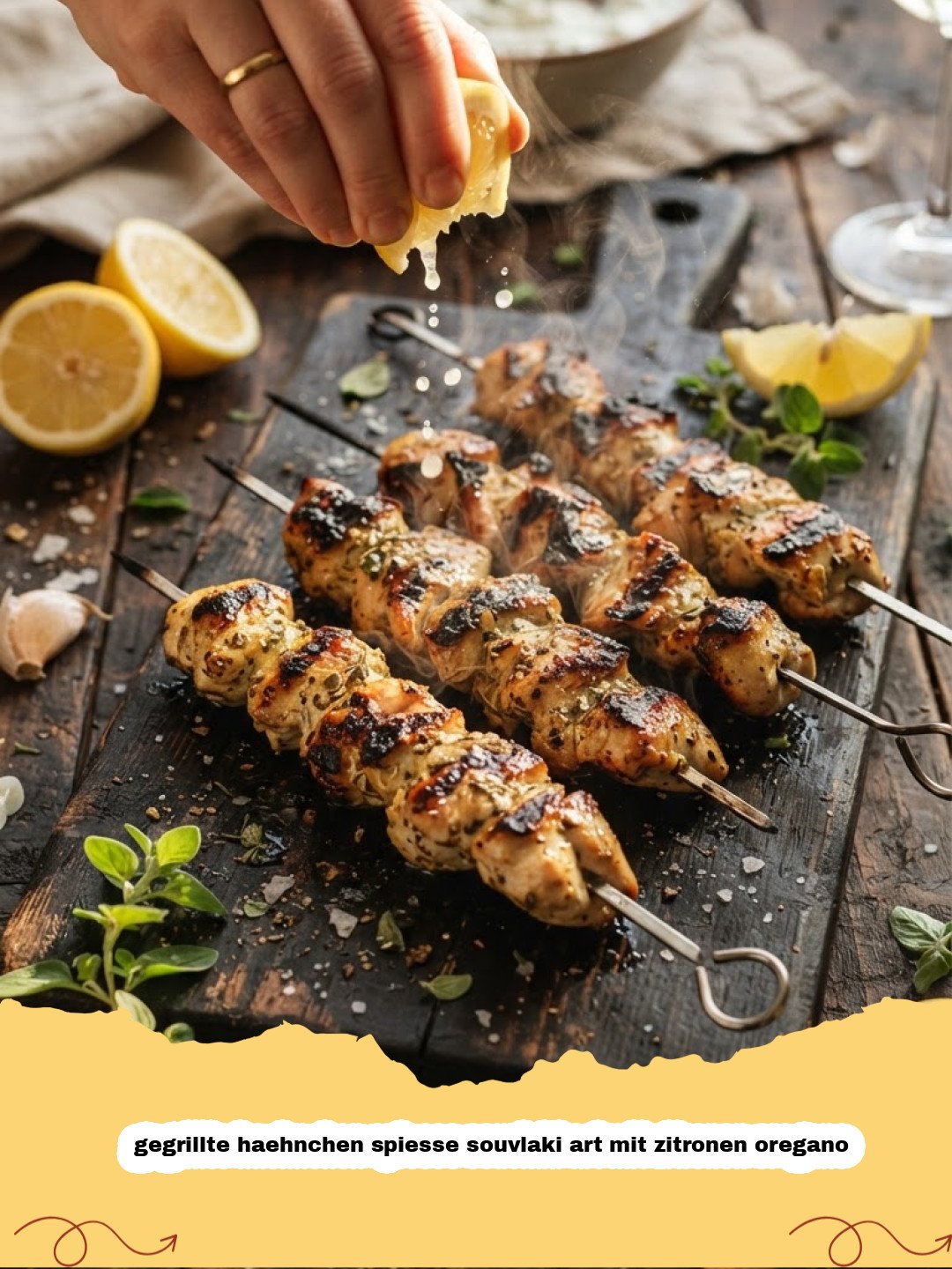 gegrillte haehnchen spiesse souvlaki art mit zitronen oregano - Goldbraun gegrillte Hähnchenspieße Souvlaki-Art mit Zitrone und Oregano auf dem Grillrost, mit frischen Kräutern